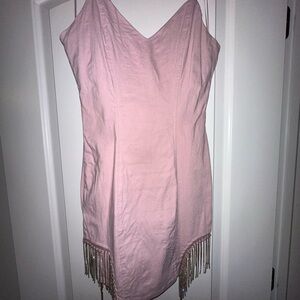 Haute Monde Pink Denim Mini Dress with Fringe
